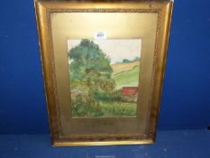 A framed and mounted Oil painting depicting a country landscape with barn, trees and rolling fields,