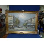 A large ornate framed Oil on canvas depicting French street scene, signed Burnett lower right,