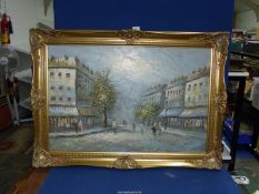 A large ornate framed Oil on canvas depicting French street scene, signed Burnett lower right,