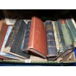 A box of books including; English Mechanic 1866, Bleak House by Dickens, pictures from Punch, etc.