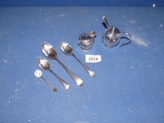 A small quantity of silver including silver topped cruets, one with blue glass liner,