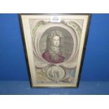An attractive hand coloured print by Houbraken after Kneller,