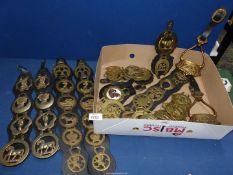A quantity of horse brasses, some mounted on leather including Prince of Wales etc.