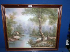 A framed Oil on canvas of a River scene with cottage.