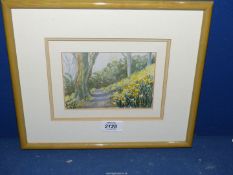 A framed and mounted Watercolour and Hand Embroidery of wild Daffodils. 13" x 11".