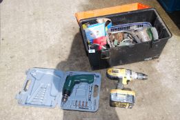 Plastic tool box containing electric drill (no charger), a smoke detector etc.