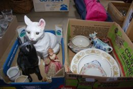 A quantity of miscellaneous china includes cats, Aynsley plate, and Grimwades tea plates, etc.