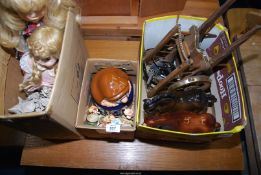 Three boxes of dolls, china shire horse figures with gypsy caravans, a Tetley tea cookie jar, etc.