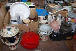 A box of table lamps, jugs, china planters, and aluminum kettle etc.