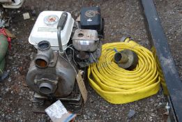 A Honda water pump, yellow Layflat hose, and filter, etc.