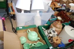 Four boxes of book stand, two table lamps, green teapot, milk jug, and sugar bowl etc.