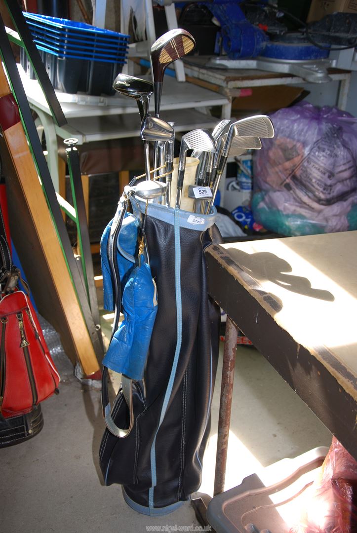 A golf bag with thirteen clubs, (two are wood).