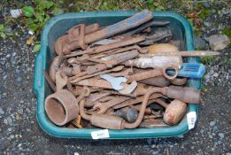 A bowl of various spanners and brace drill etc.