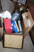 A box of miscellaneous including - galvanised churns, table lamps, Toilet seat and a mirror, etc.
