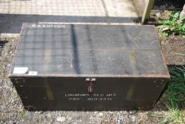 A military wooden trunk, 30" wide x 15" depth x 14 1/2" high.