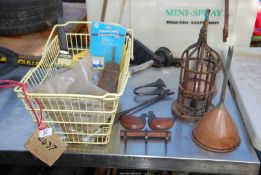 A hanging candle lantern, two copper funnels and wood plane, etc.