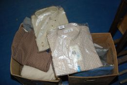Two boxes of gents shirts, trousers, jackets, etc.