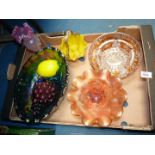 A quantity of glass including fruit bowl, ashtray, yellow basket with white flecks,