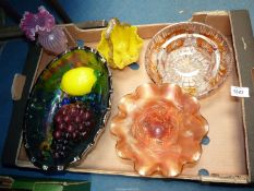 A quantity of glass including fruit bowl, ashtray, yellow basket with white flecks,