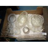 A quantity of glass including dishes, vases, dressing table tray, hob nail cut lidded pot,