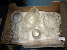 A quantity of glass including dishes, vases, dressing table tray, hob nail cut lidded pot,