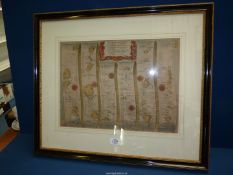 A framed and mounted John Ogilby hand coloured road strip map titled 'The Continuation of the road
