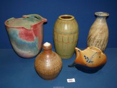 A quantity of studio pottery including vase with fish, insects and reed design,