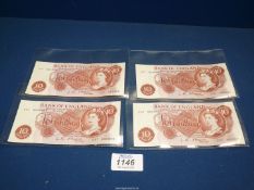 Four consecutive 10 shilling notes, E37 689996/997/998/999; L.K. O'Brien chief cashier 1955-1962.