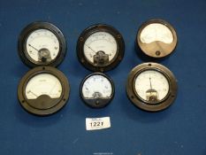 Six old military voltmeters including Ferranti and G.E.C ammeters, M.I.