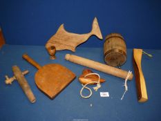 A box of various treen including carved driftwood, old coopered small barrel,