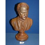 A heavy cast metal bust of gentleman, 13" tall, distressed.