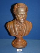 A heavy cast metal bust of gentleman, 13" tall, distressed.