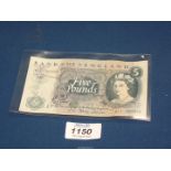 An old five pound note W11 703853; J.S. Fforde chief cashier 1966-1970.