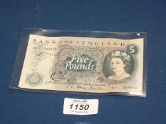 An old five pound note W11 703853; J.S. Fforde chief cashier 1966-1970.