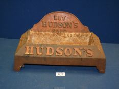 A Victorian "Drink Puppy Drink" cast iron dog bowl advertising Hudson's soap,
