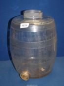A clear glass Keg of 9 quart capacity, with bung but no lid, some small chips to rim, 12 1/2'' tall.