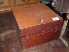 A PIne hinged lidded Sewing Box with three internal compartments, 10'' x 10'' x 6 3/8'' high.