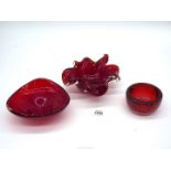A circa 1950 Murano four leaf clover Sommerso bowl with stem handle all in ruby red with thick