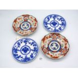 Two blue and white Minton plates, 8" diameter and two Meiji period Japanese plates 8 1/2" diameter.