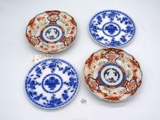 Two blue and white Minton plates, 8" diameter and two Meiji period Japanese plates 8 1/2" diameter.