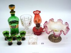 A small quantity of glass including green glass decanter with five glasses,