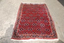 A red, blue and cream border pattern and fringed rug, 5' x 39", slight fading.