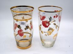 Two vintage vases with gold and rose detailing, 11" tall.