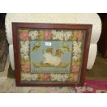 A framed and glazed needlepoint of a sheep having a floral border by Mary Emma Stevens AD 1881,