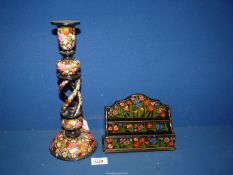 A vintage Kashmiri air twist lamp base for re-wiring and a similar letter rack.