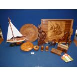 A quantity of treen including marquetry tray, model yacht, pair of giraffes, etc., some a/f.