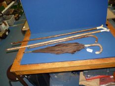 Two antler handled thumbstinks, a snake skin handled umbrella (a/f) and other walking stick.
