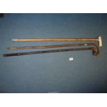 A Malacca cane walking stick with bone handle and silver collar,