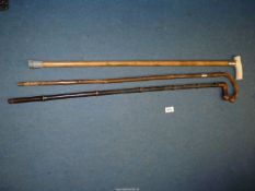 A Malacca cane walking stick with bone handle and silver collar,