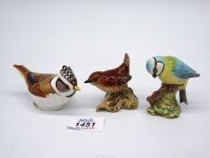 Two Beswick birds: Blue Tit and Wren and a Royal Crown Derby finch (large chip off the tail and